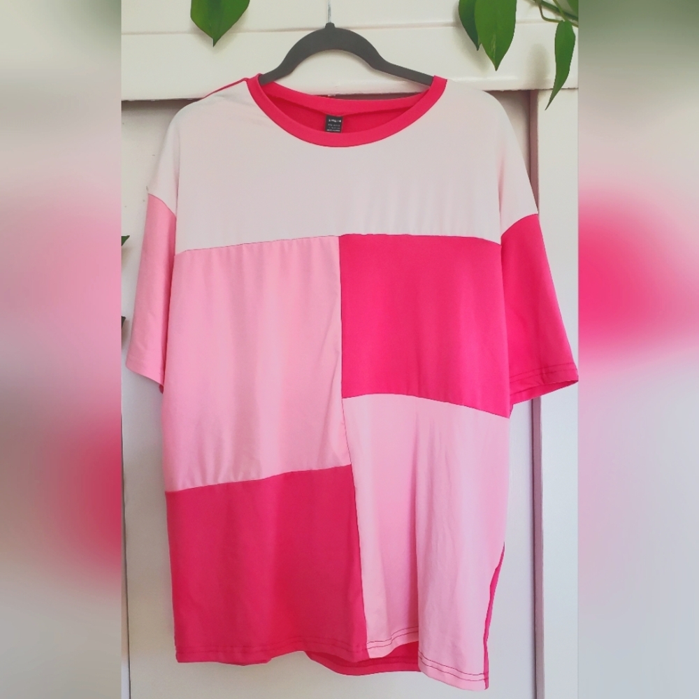 SHEIN Colorblock Pink Short Sleeve Tee